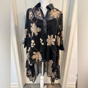 Black Sheer Floral Embroidered Tunic asymmetrical hem, Size M